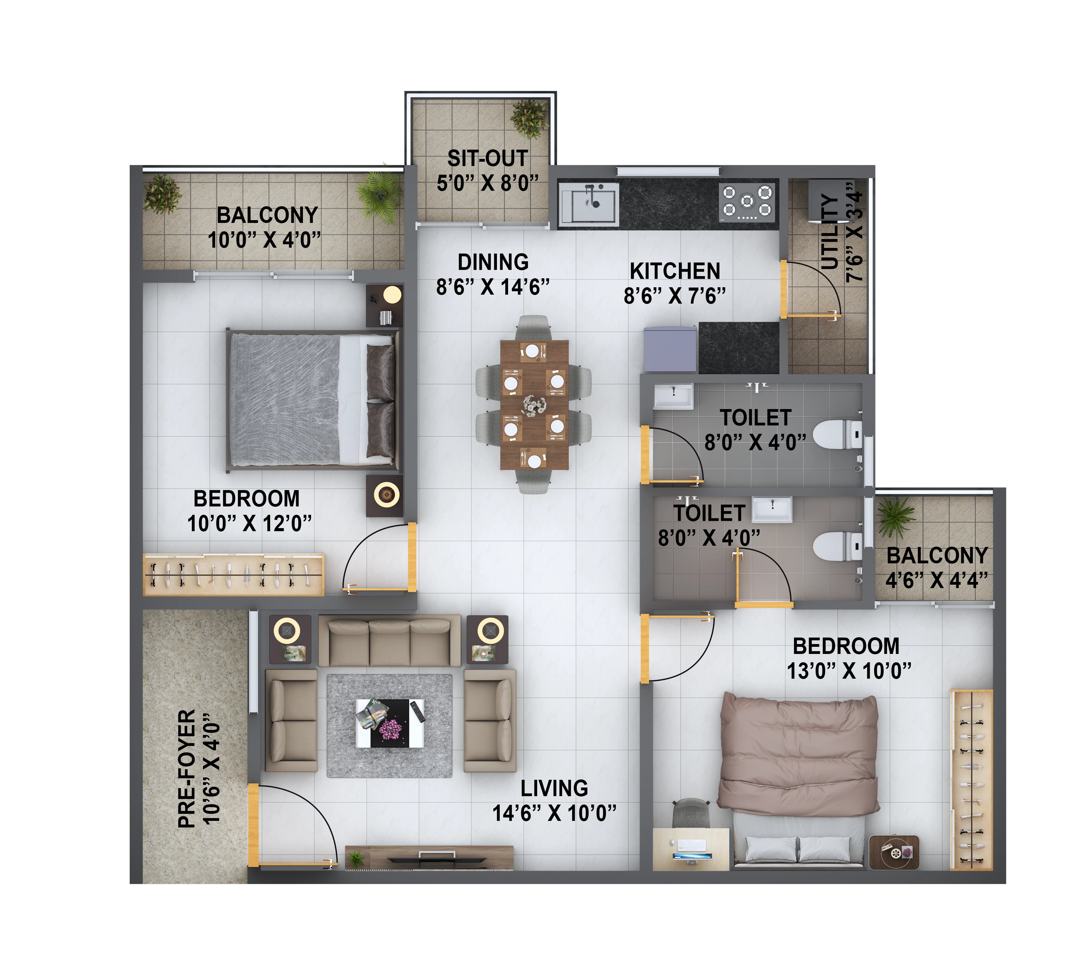 2 BHK Apartments Floor Plan